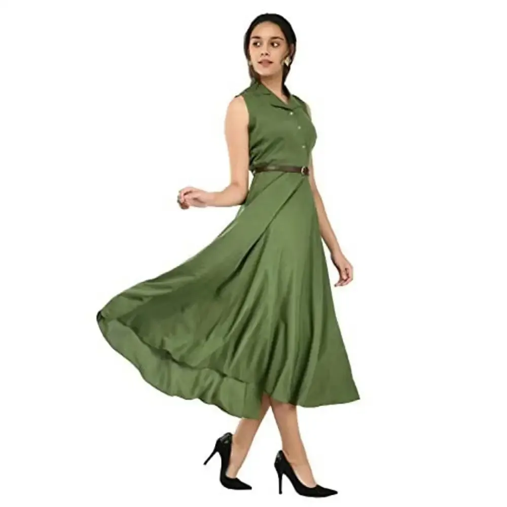 RUDRAKRITI Women's Green Crepe Solid Stylish with Belt Dress