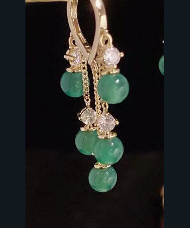 Stylish Green Zircon Overgild Gem Stone Tassel Drop Earrings