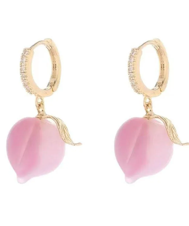 Stylish Pink Copper Zircon Resin Honey Peach Drop Earrings