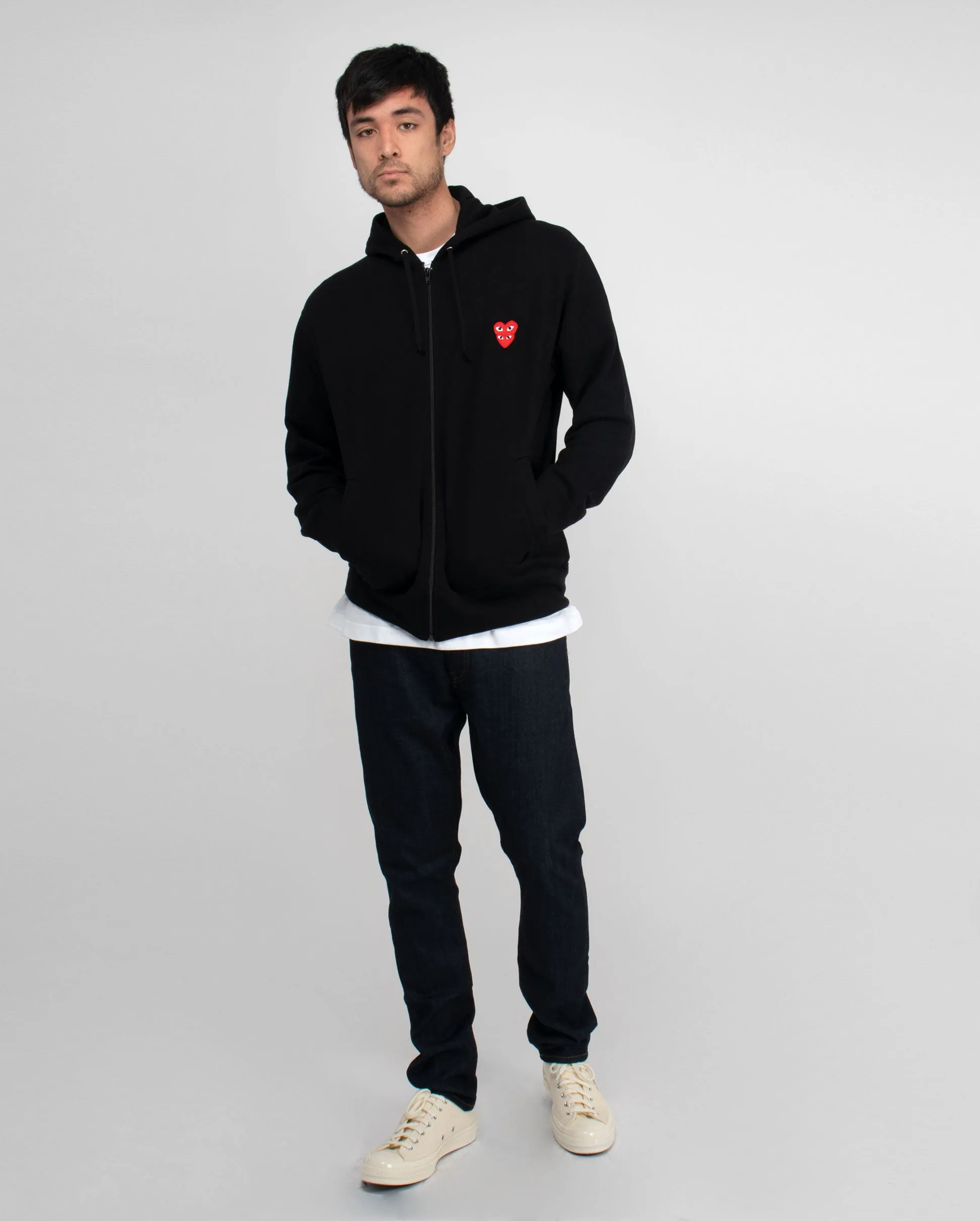 T294 RED DOUBLE HEART ZIP UP HOODED SWEATSHIRT / BLACK