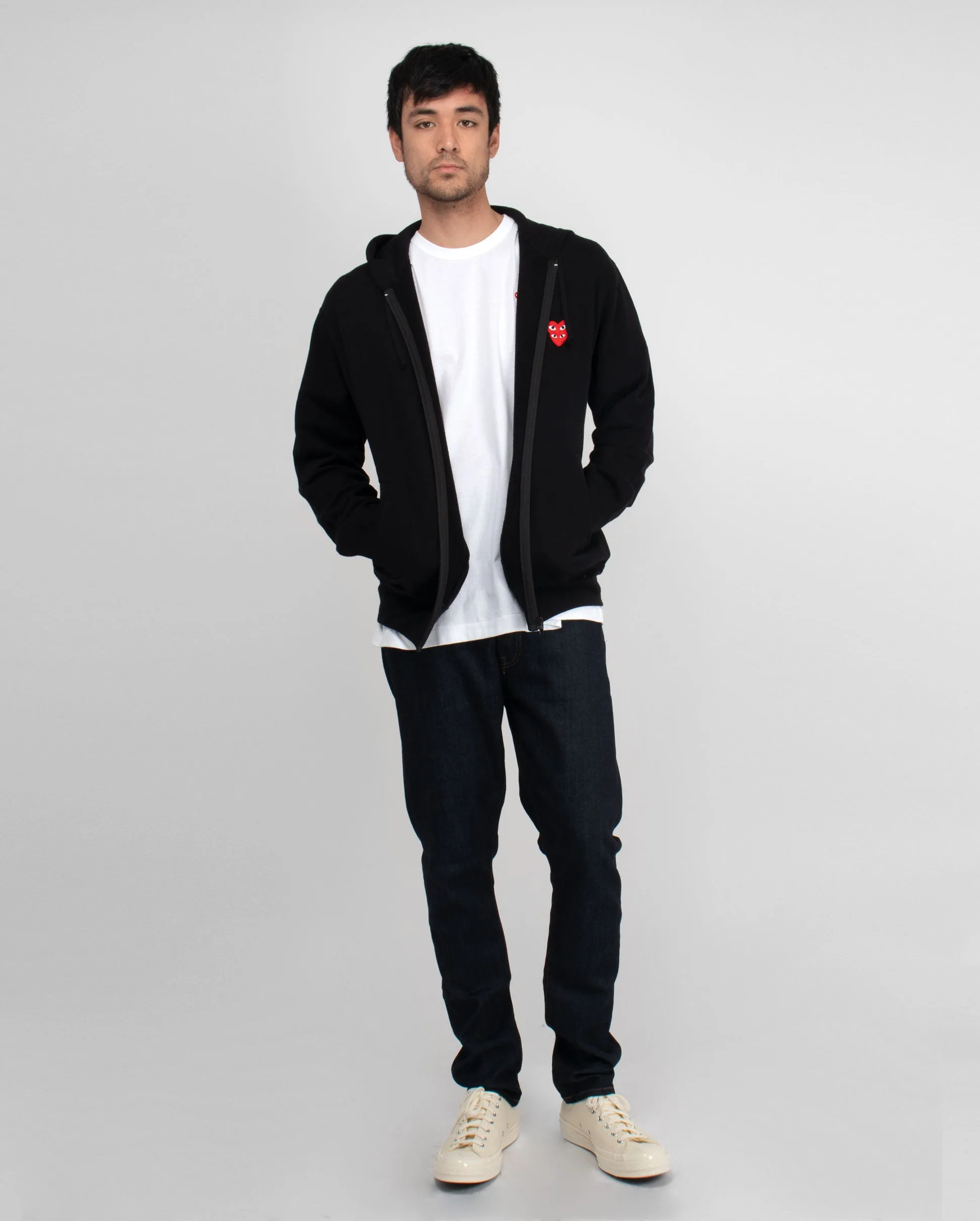 T294 RED DOUBLE HEART ZIP UP HOODED SWEATSHIRT / BLACK