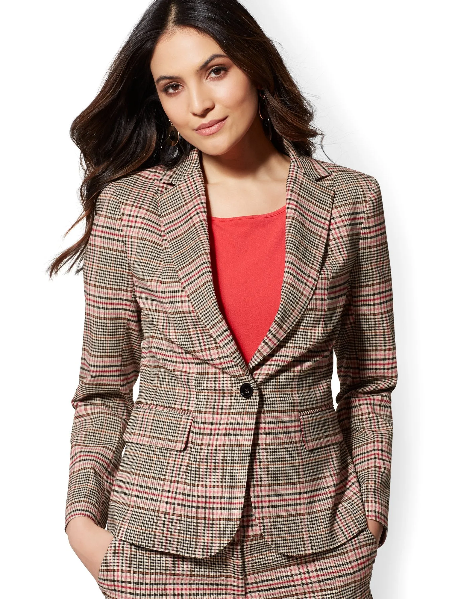 Tan Plaid One-Button Jacket - Modern - 7th Avenue