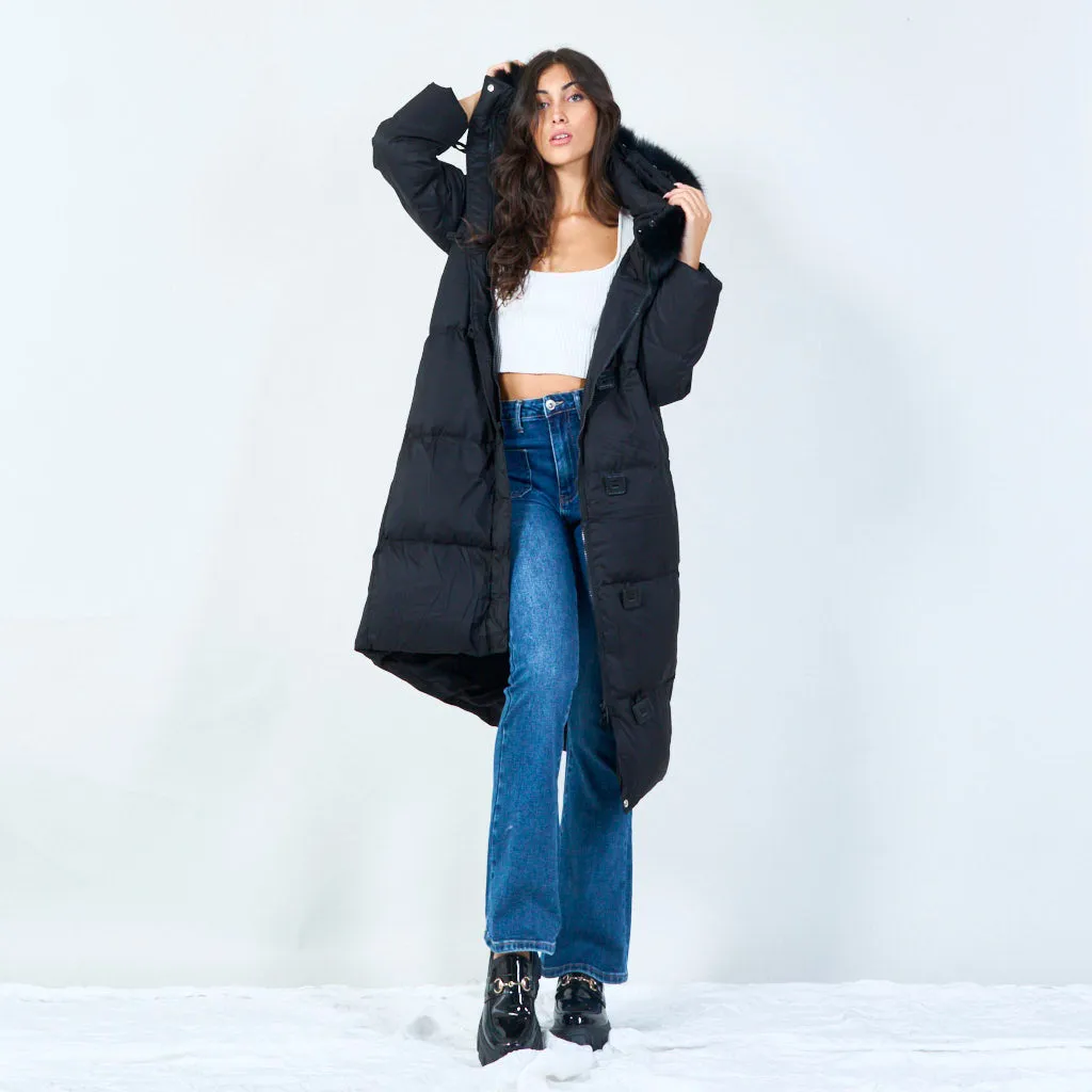 Toggle-front long parka with faux fur hood wholesale