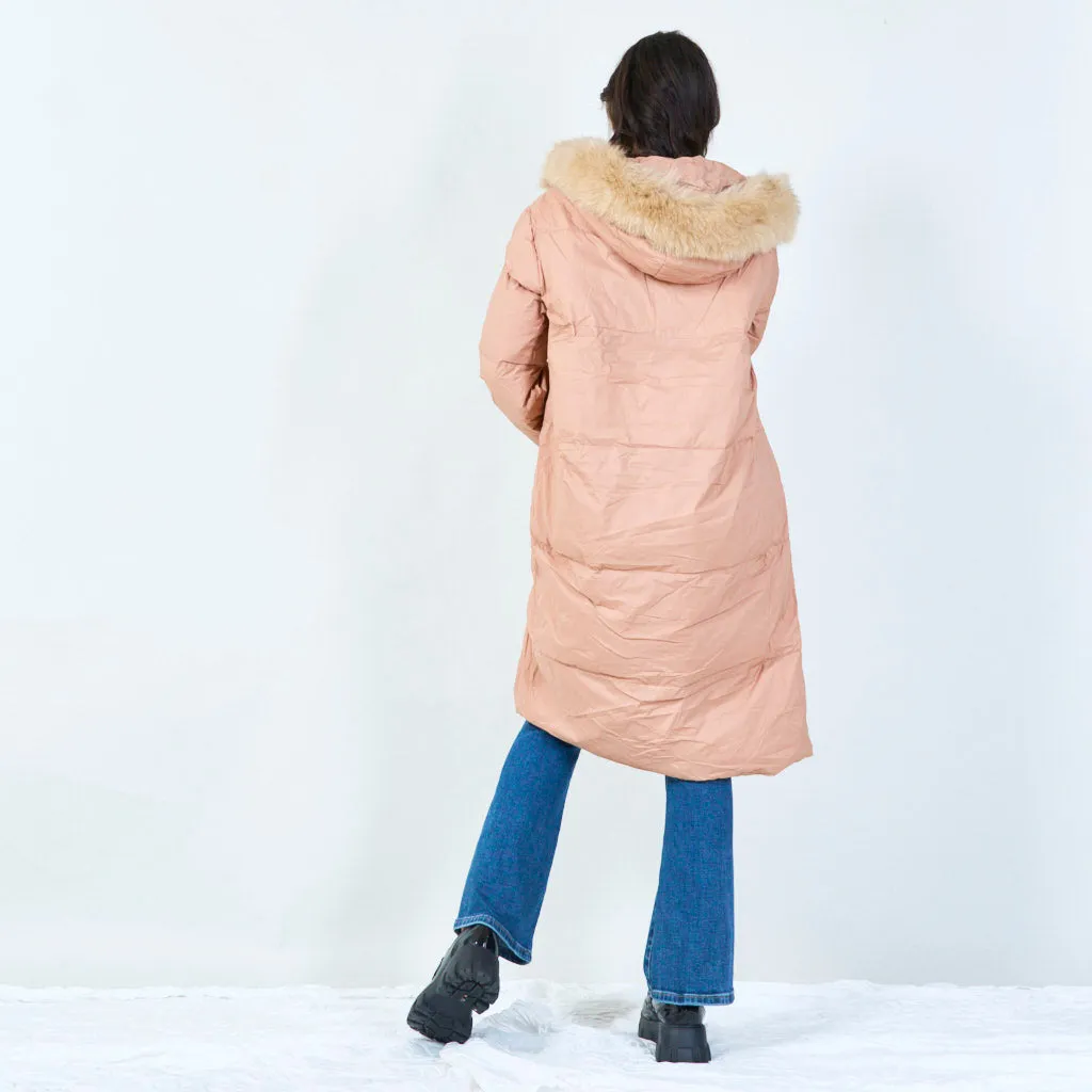 Toggle-front long parka with faux fur hood wholesale