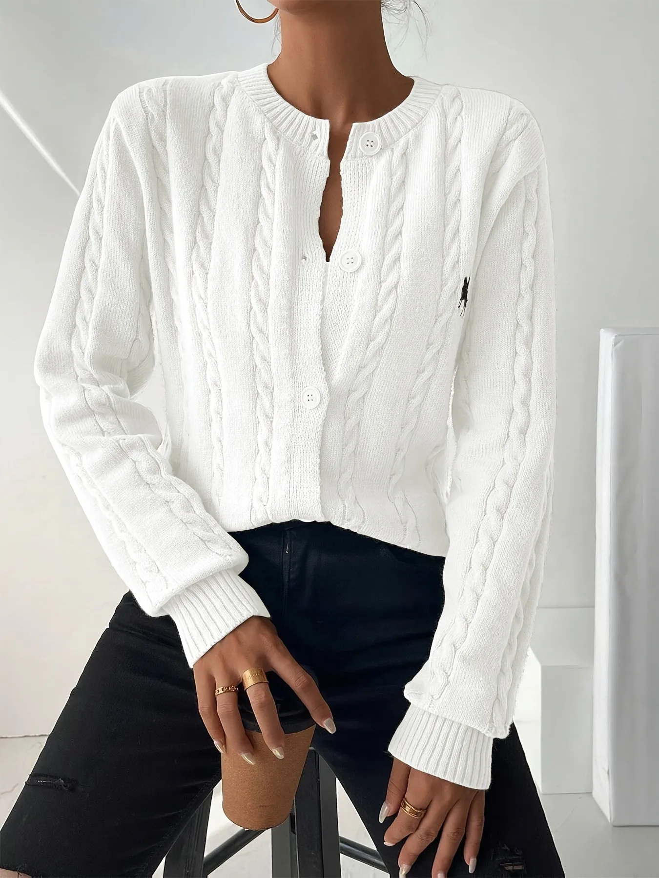 white cardigan | Cozy Cable Knit Button-Front white cardigan - white Cable Knit cardigan