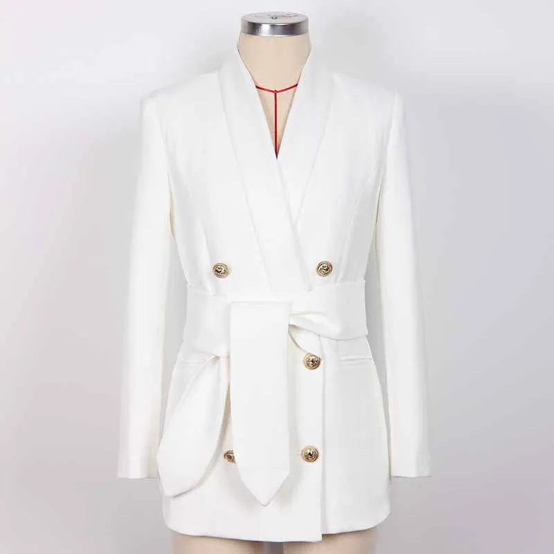 Women Golden Lion Buttons Mid length Belted Jacket Blazer Coat Pink Black White