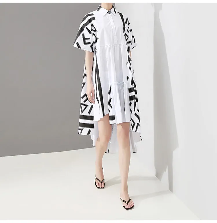 Women Stylish White Midi Shirt Dress Geometric Printed Plus Size