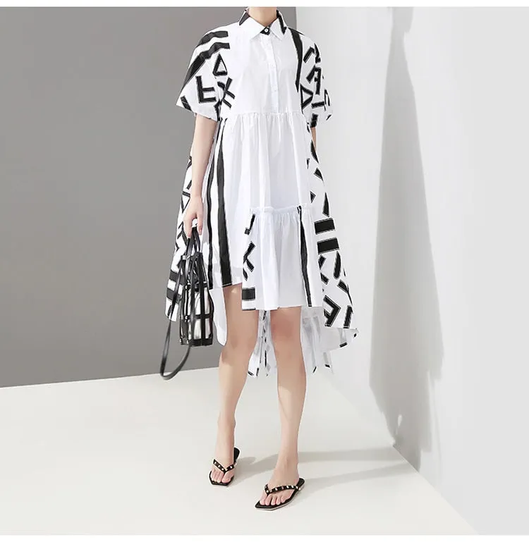 Women Stylish White Midi Shirt Dress Geometric Printed Plus Size