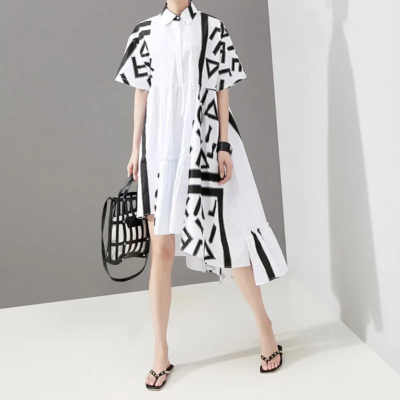 Women Stylish White Midi Shirt Dress Geometric Printed Plus Size