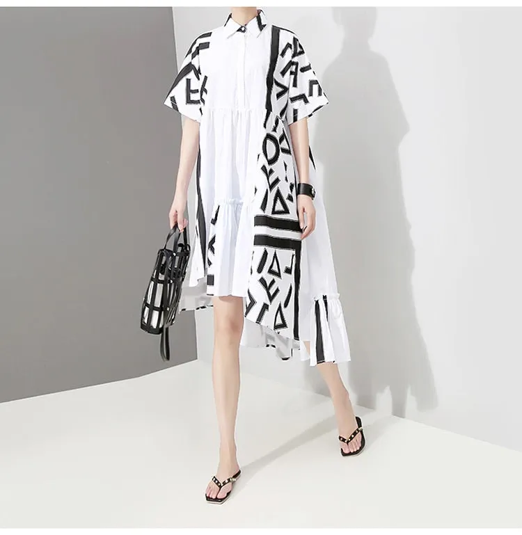 Women Stylish White Midi Shirt Dress Geometric Printed Plus Size