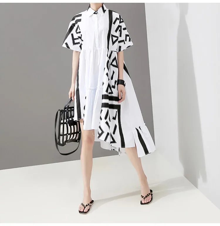 Women Stylish White Midi Shirt Dress Geometric Printed Plus Size