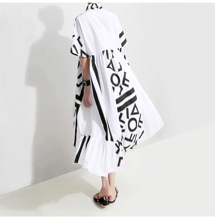 Women Stylish White Midi Shirt Dress Geometric Printed Plus Size