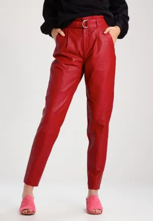 Women's Slim Fit Ankle Length Red Leather Pants WP18