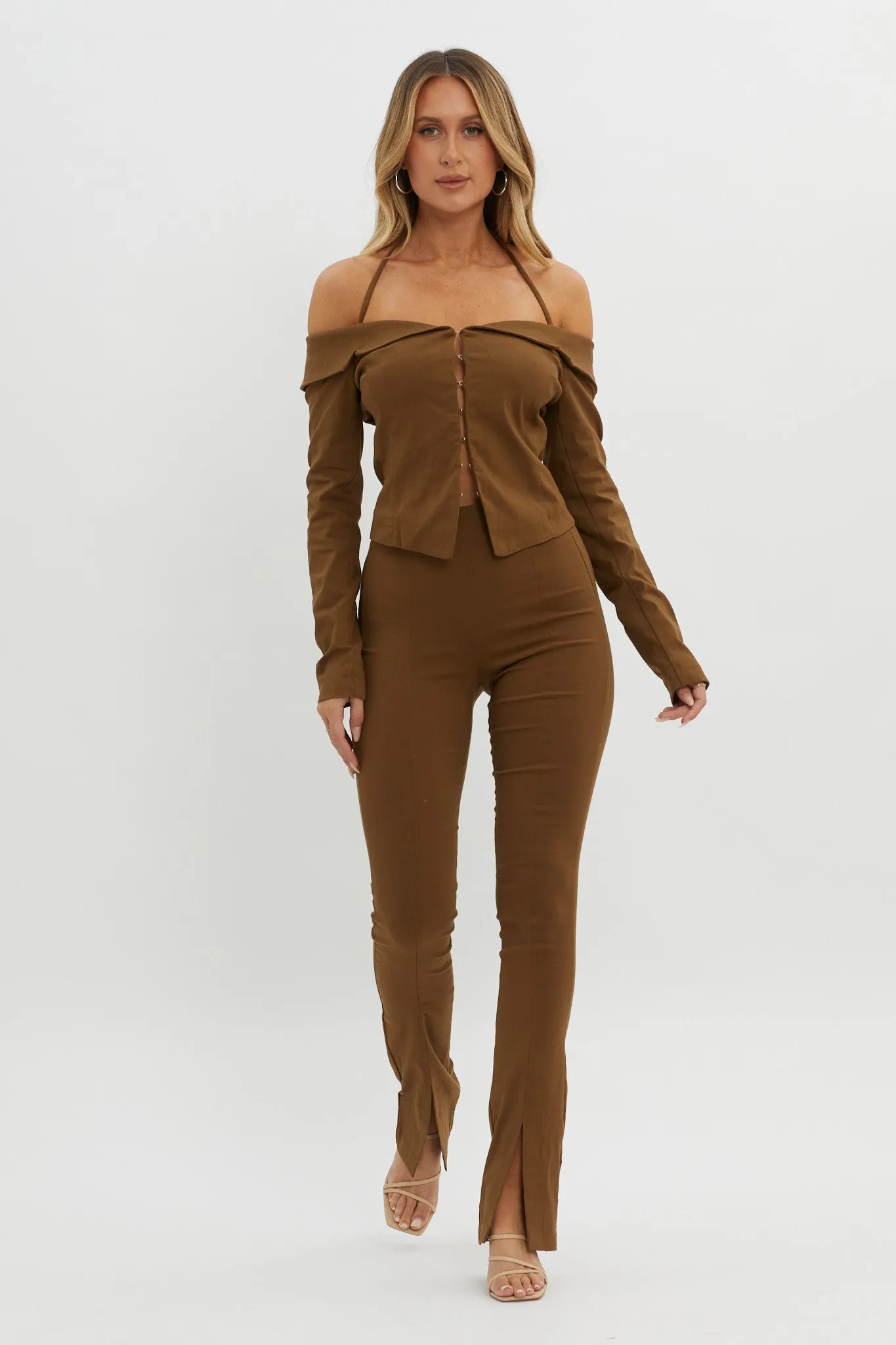 Zuzana Split Hem Flare Pants Brown